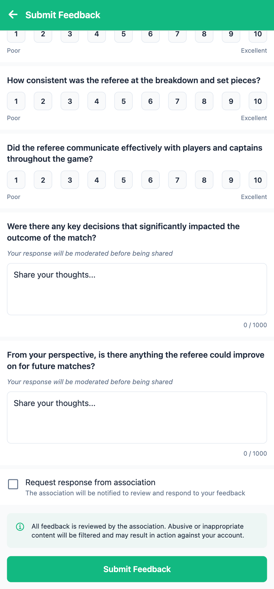 Submit feedback screen showing rating scales and questions